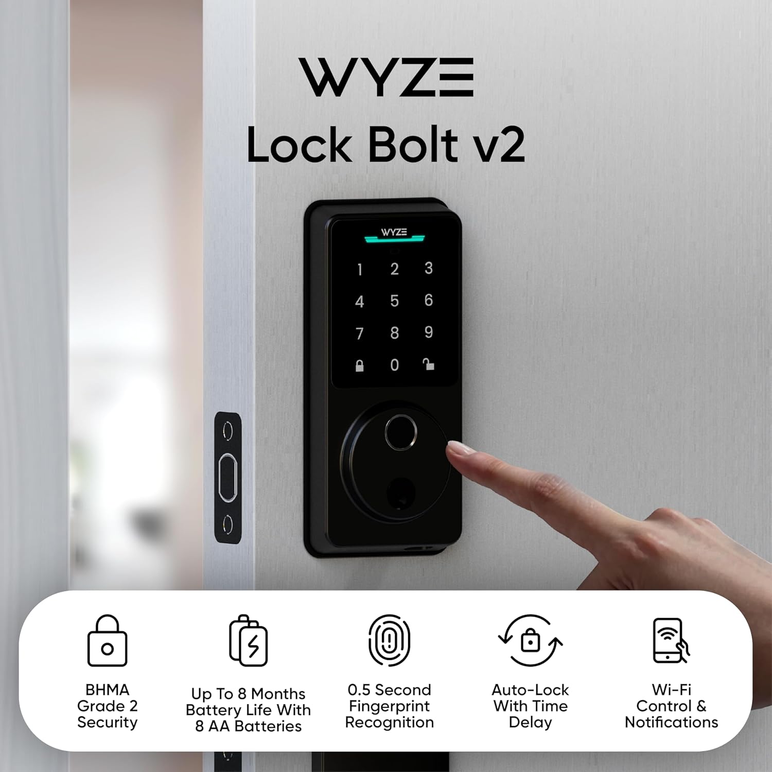 Auto-Lock Bolt v2, Fingerprint Keyless Entry Smart Lock, AI Learning Scanner with Wi-Fi Front Door Lock Deadbolt
