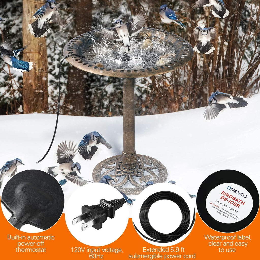 Bird Bath De Icer, 60w Submergible De Icer, Thermostatic Controlled Winter Water Heater Deicer for Bird, Chicken