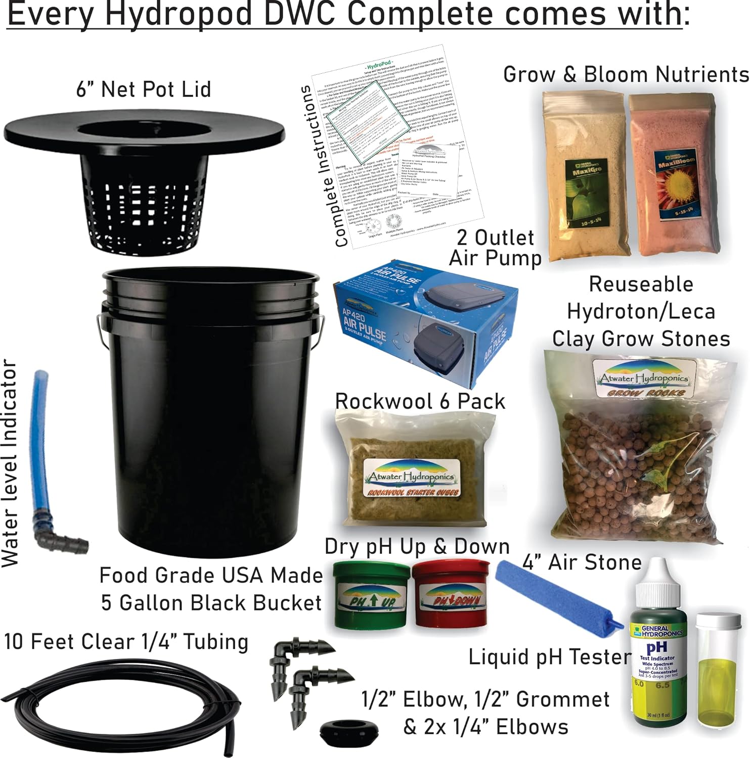 The Atwater HydroPod - DWC Deep Water Culture Garden System Kit - 5 Gallon Bubble Bucket - Bubbleponics - Nutrients &