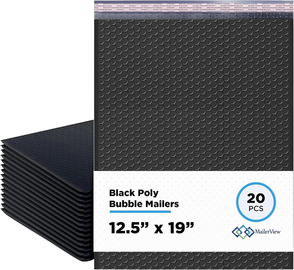 Jet Black Bubble Mailers 12.5x19, Poly Padded Envelopes #6, 20 Pack