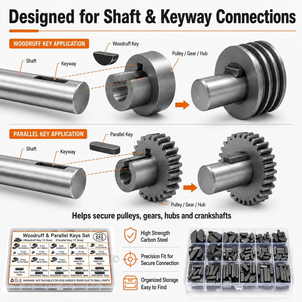 222 Pcs Metric Woodruff Key Assortment Kit with Parallel Keys, Carbon Steel