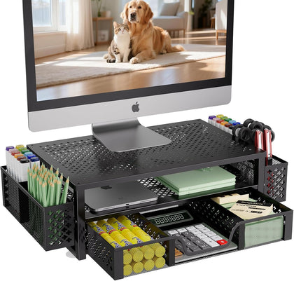 Desk Organizer and Accessories, 2 Tier Computer Metal Monitor Stand Riser with Drawer and Pen Holder for Laptop