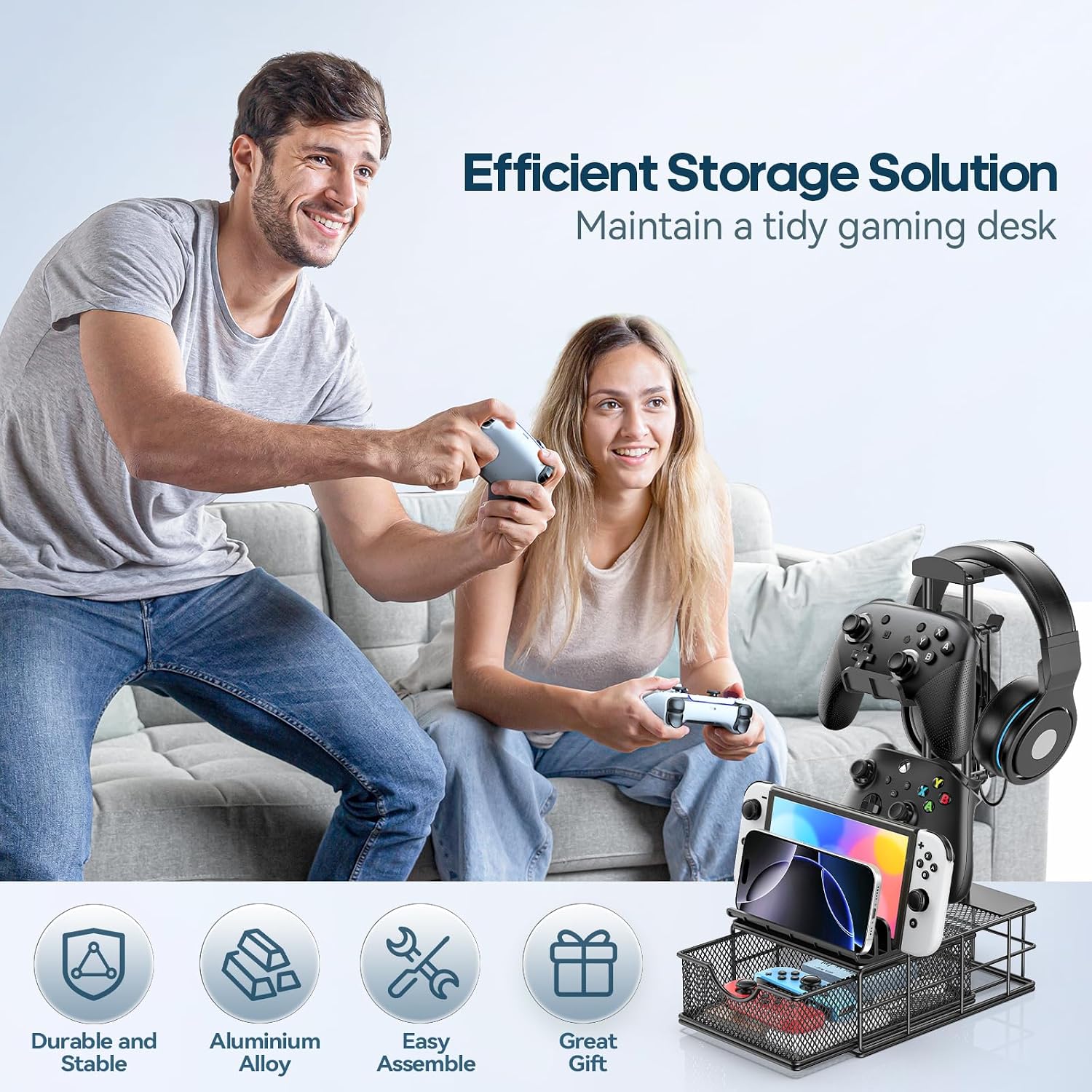 Headphone Stand with Drawer - Headset & Controller Holder for Desk - Aluminum Supporting Bar Earphone Stand with