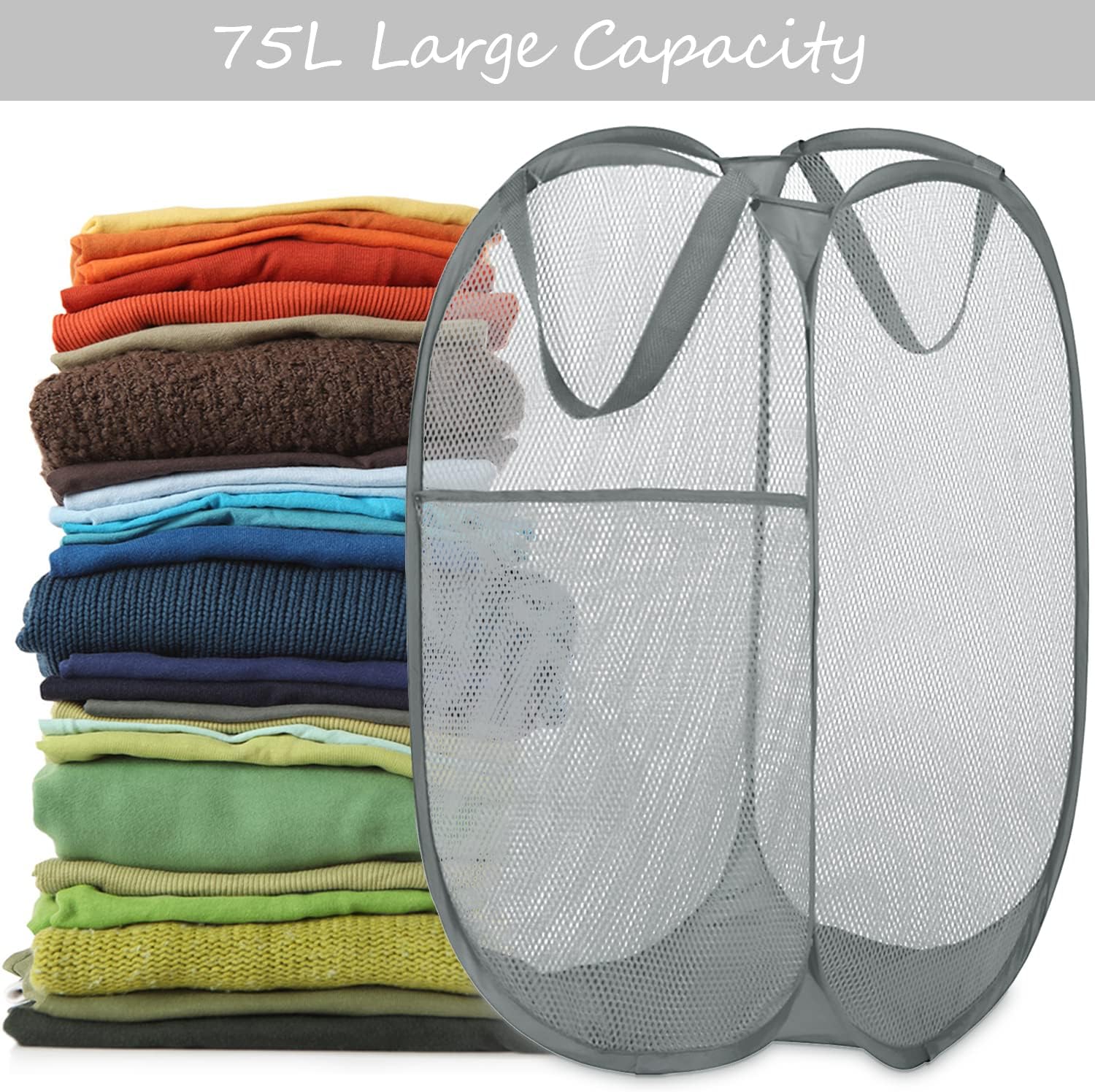 Deluxe Strong Mesh Pop up Laundry Hamper Basket with Side Pocket for Laundry Room, Bathroom, Kids Room, College Dorm