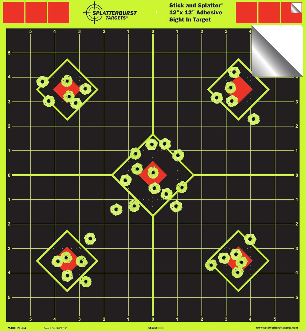 12 x 12 inch Sight in Stick & Splatter Self Adhesive Shooting Targets - Shots Burst Bright Fluorescent Yellow - Great