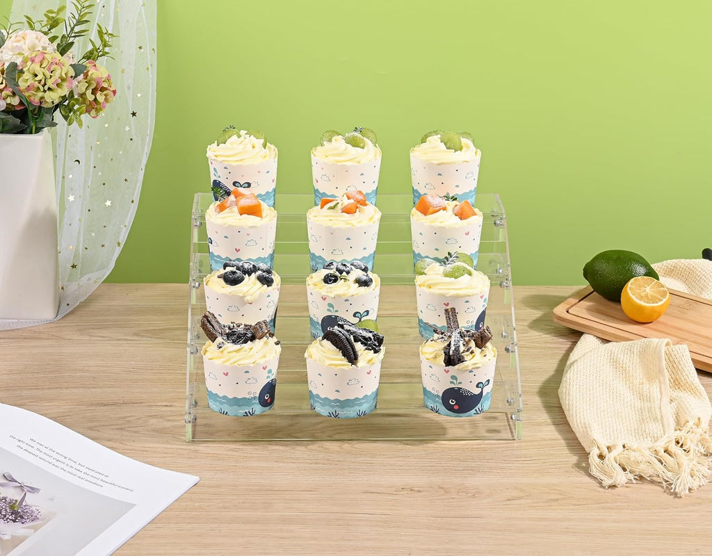 12" Acrylic Riser Display Stands - 4 Tier Clear Acrylic Display Shelf, Double Sided Usable, Makeup Organizer Perfume