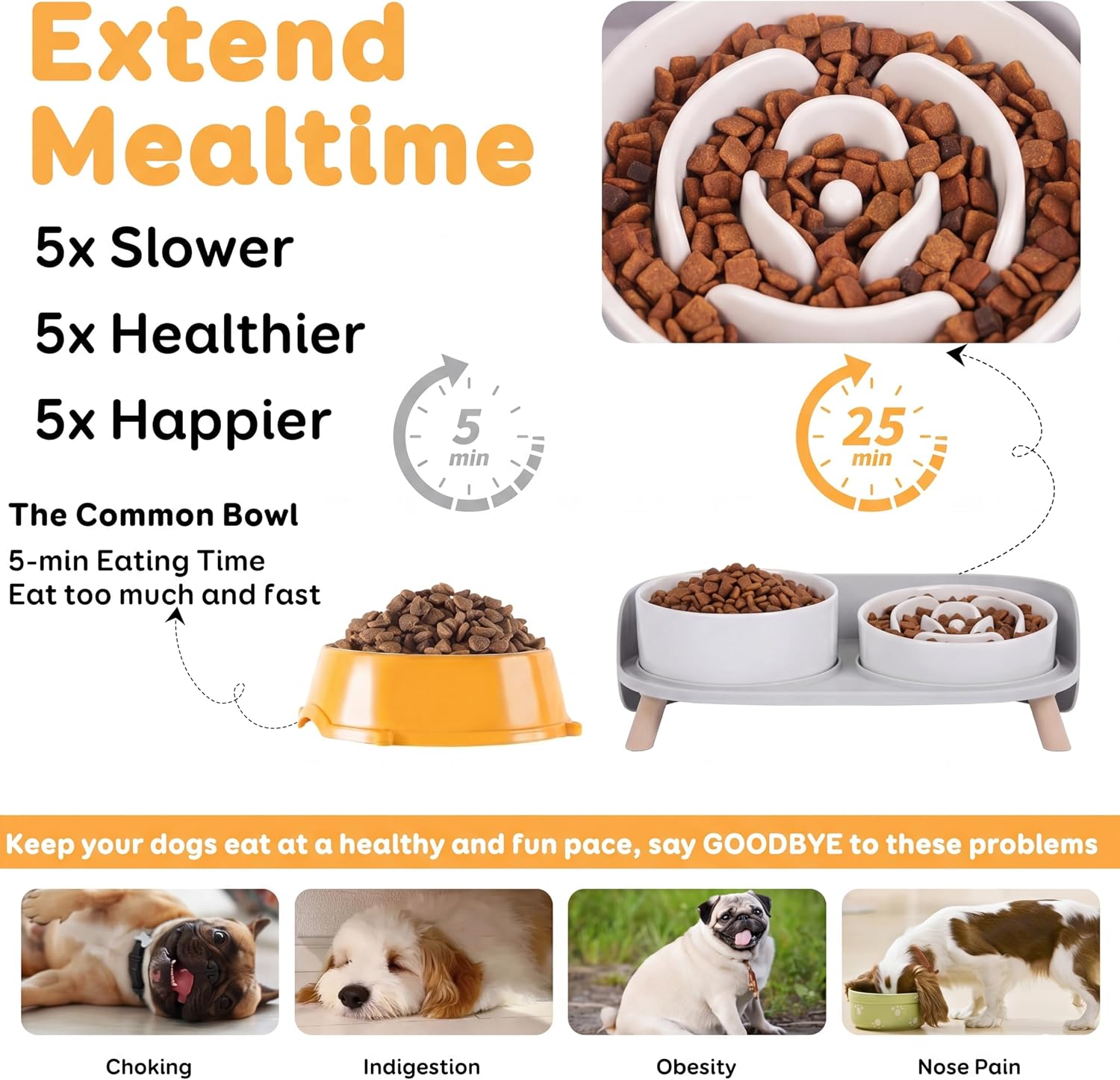 Elevated Slow Feeder Dog Bowls - Ceramic Food and Water Bowl Set with Stand - Raised Pet Dishes for Small and Medium