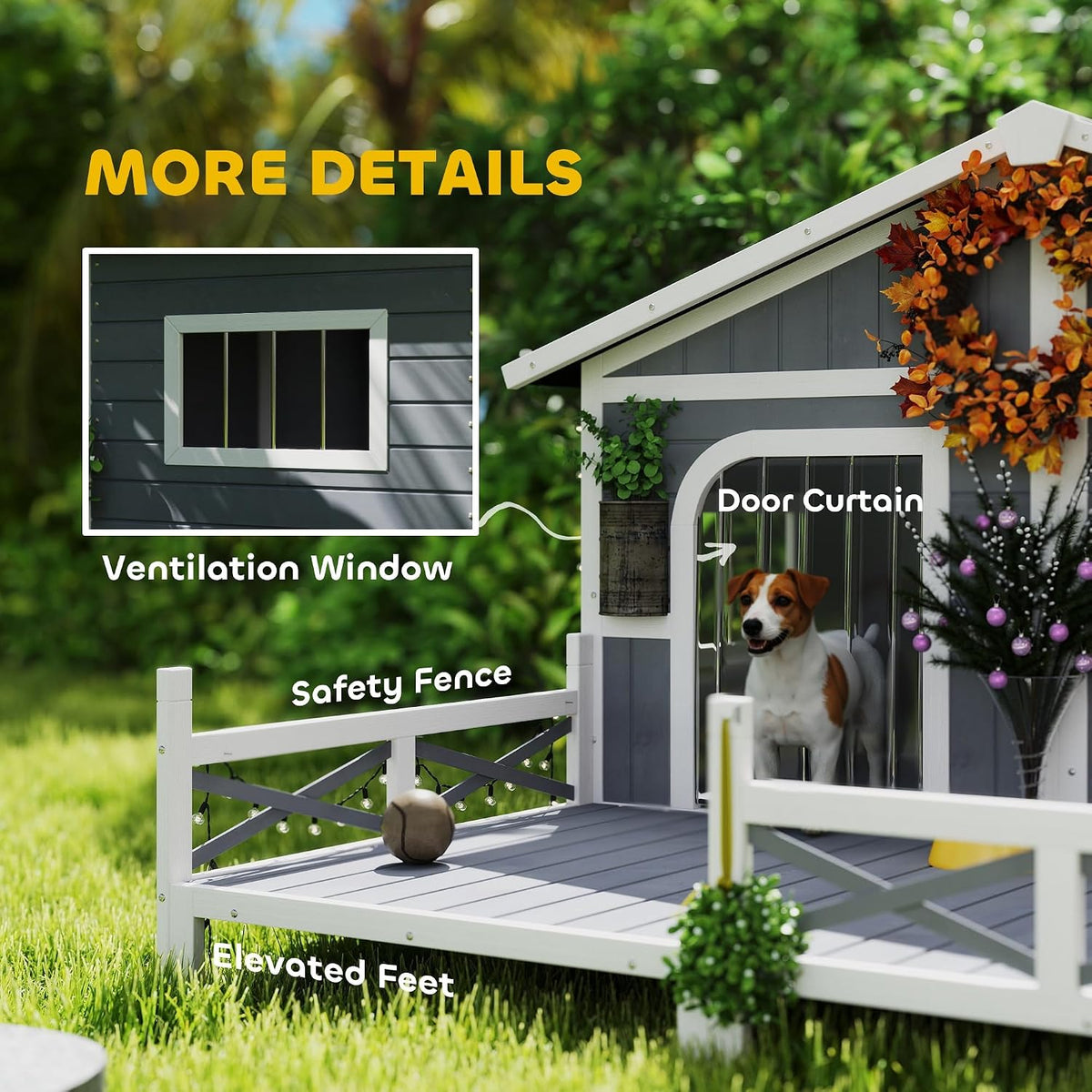 Dog House Outdoor, Wooden Dog Kennel Weatherproof with Porch, Openable Roof, Removable Bottom, Elevated Floor, Double