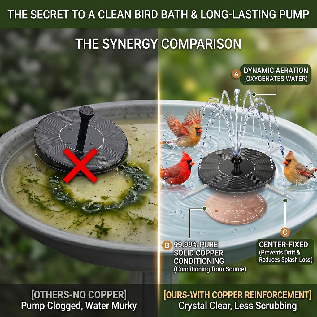 Solar Fountain for Bird Bath Set: 99.99% Pure Copper Water Purification Disc & 1.4W Floating Water Pump Set,7 Spray