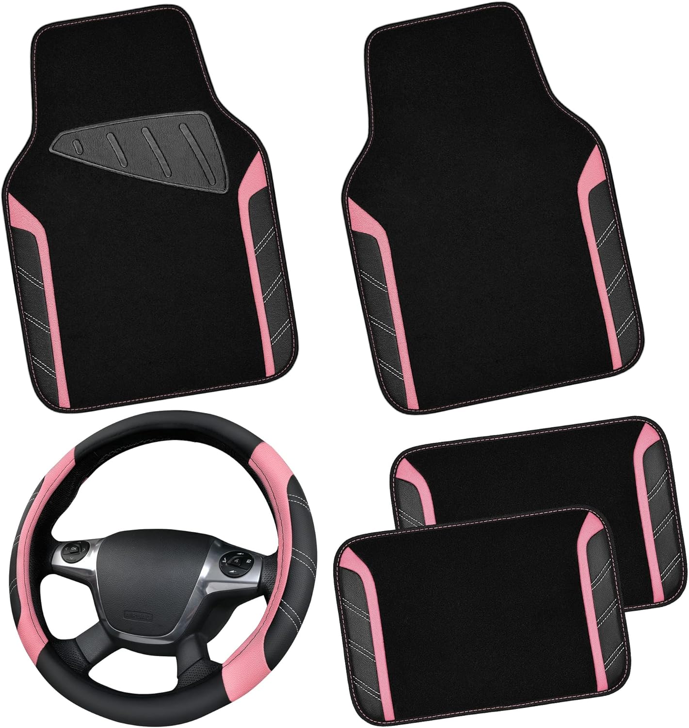 Microfiber Steering Wheel Cover and Waterproof Car Floor Mats,Leather Universal Car Combo Fit for 95%