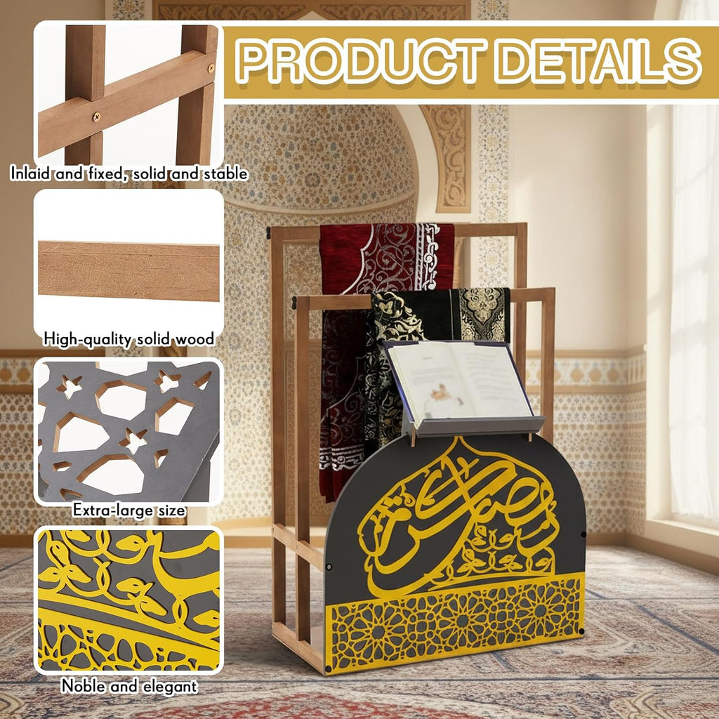 Wooden Quran Stand and Prayer Mat Holder with Arabic Calligraphy, Black Gold Islamic Home Decor for Room, Quran Book