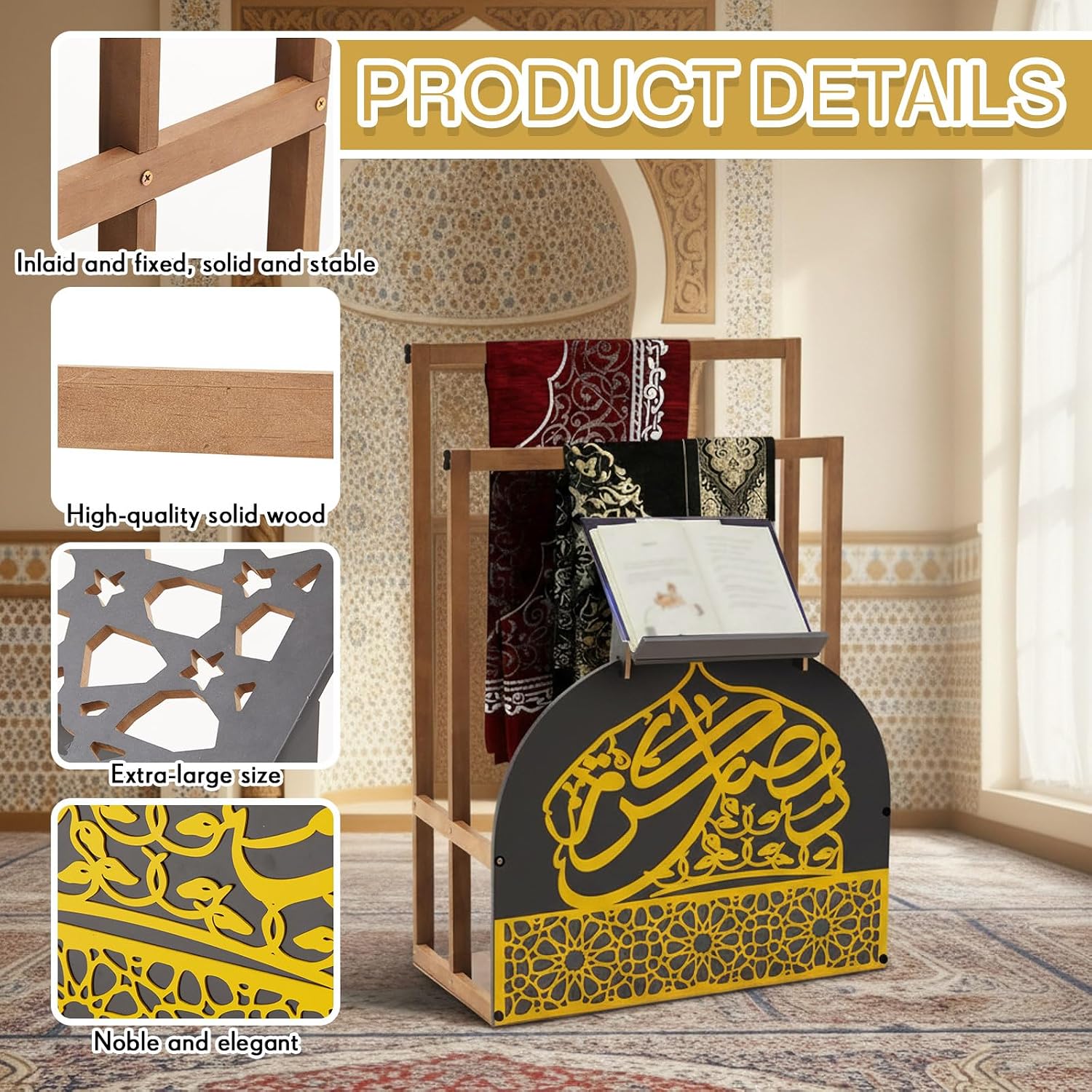 Wooden Quran Stand and Prayer Mat Holder with Arabic Calligraphy, Black Gold Islamic Home Decor for Room, Quran Book
