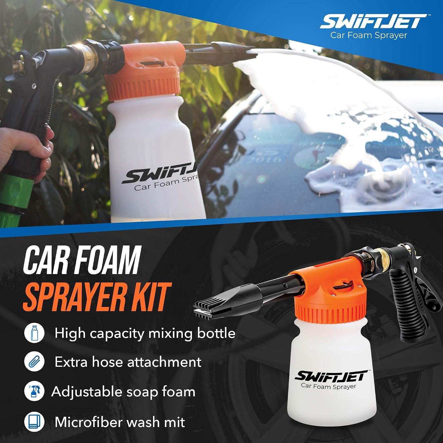 Car Wash Foam Gun + Microfiber Wash Mitt - Foam Cannon Works with Any Soap - Garden Hose Car Foam Sprayer - Car Wash