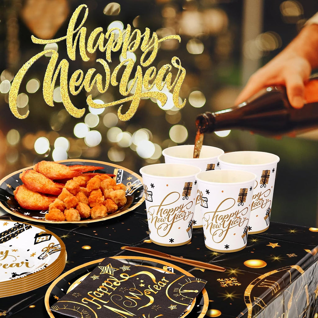 212 Pcs Happy New Years Eve Party Supplies 2026 Set- Black Gold Happy New Year Decorations Kit, Tableware Set 24