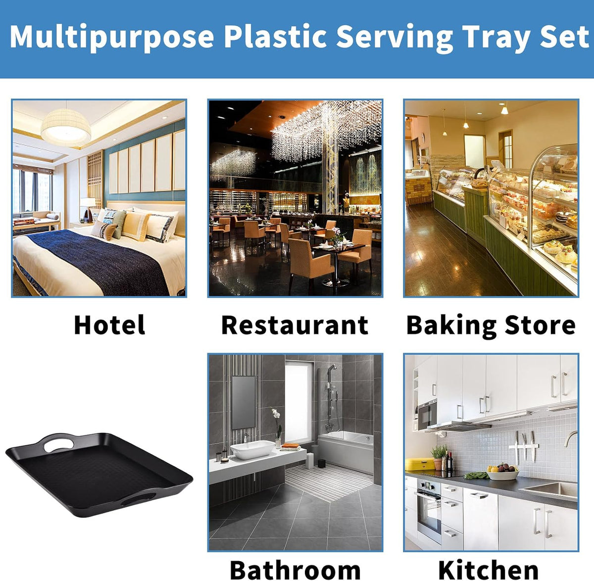 Plastic Tray with Handles, 2 Pack Multi-Purpose Rectangular Non Slip Restaurant Serving Trays Set for Parties, Coffee