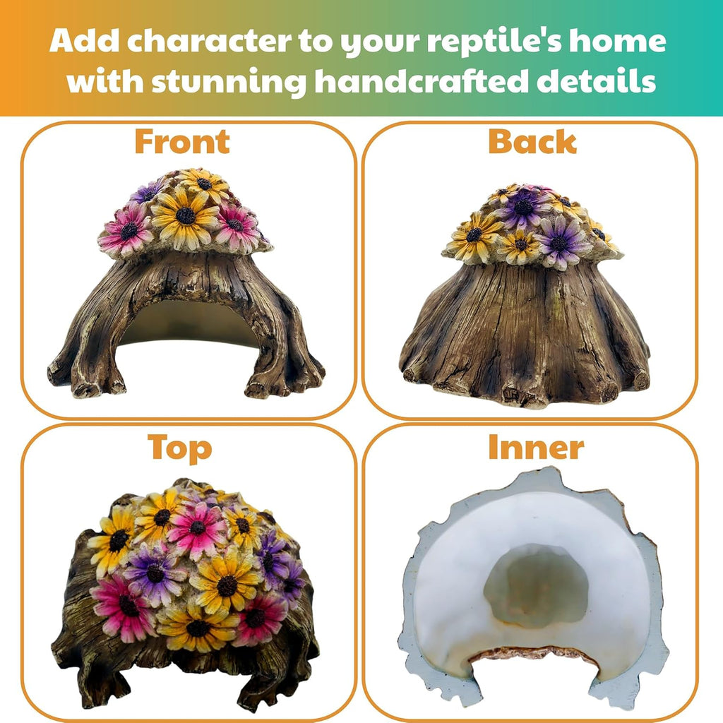 Humid Hide for Leopard Gecko – Resin Reptile Hide with Artificial Flowers, Tree Stump Cave for Crested Gecko Corn