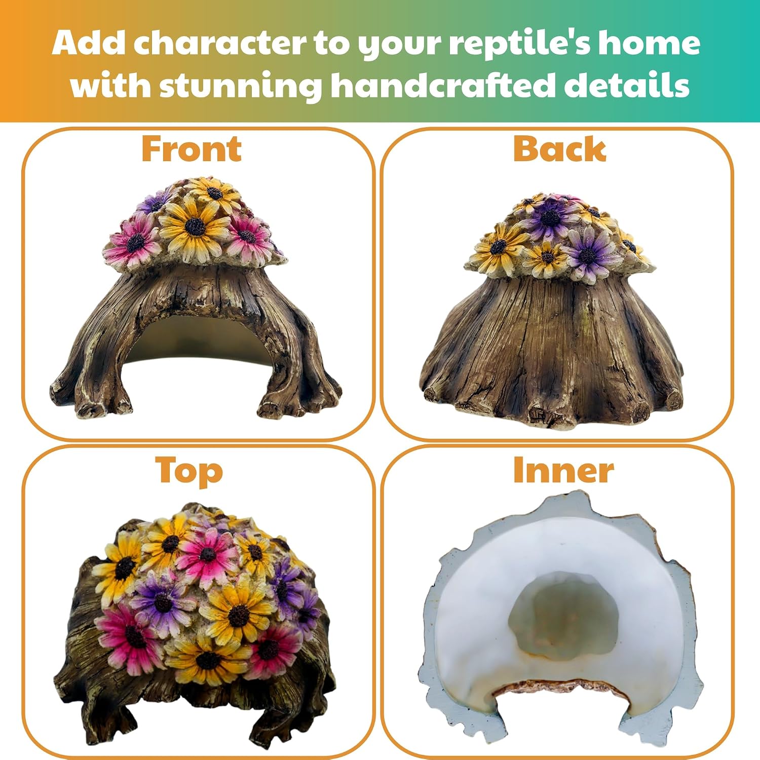 Humid Hide for Leopard Gecko – Resin Reptile Hide with Artificial Flowers, Tree Stump Cave for Crested Gecko Corn