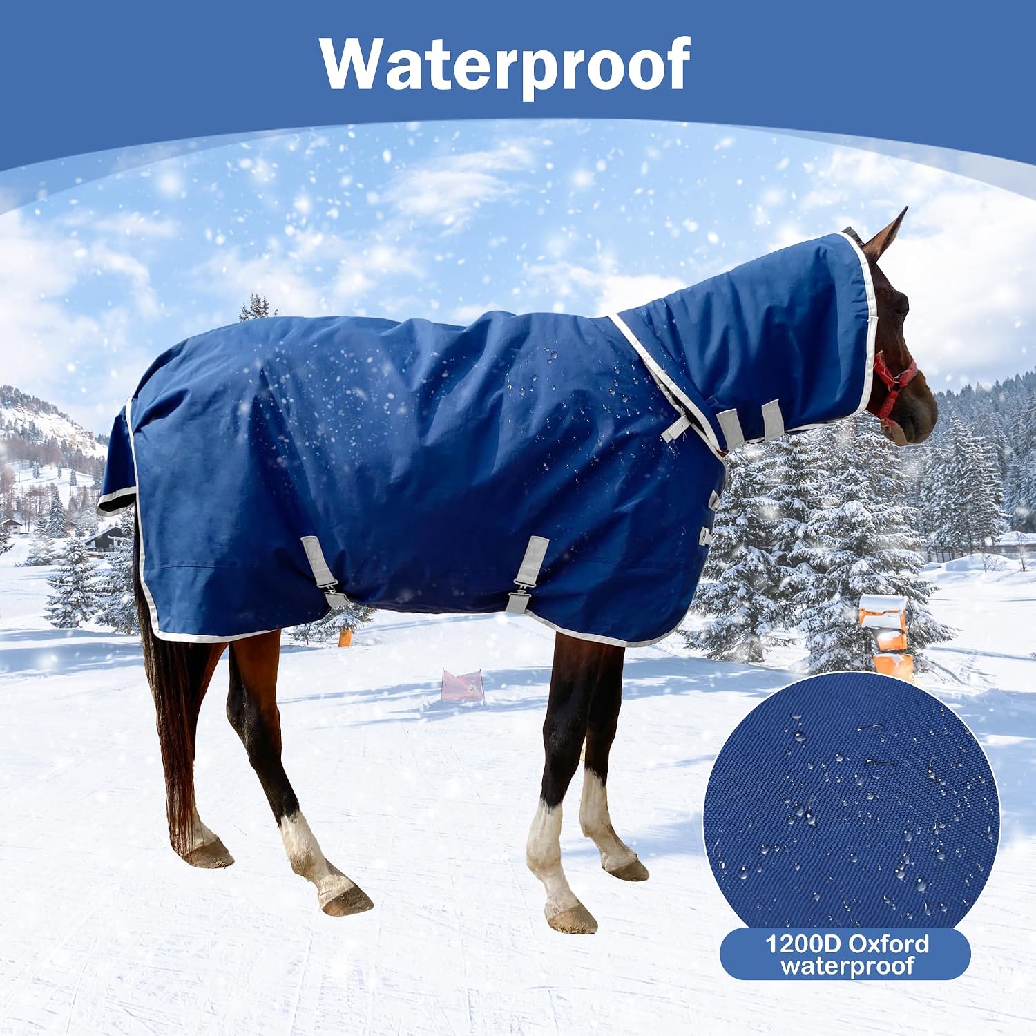 1200D Winter Waterproof Horse Trunout Blanket, 280g Warm Cotton Filling Liner with Turnout Neck Cover Detachable
