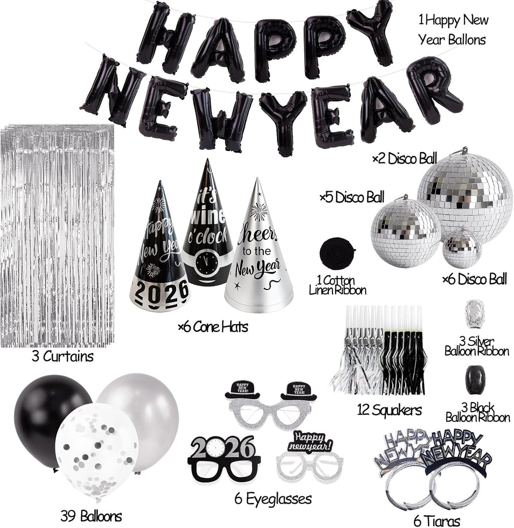 New Years Eve Party Supplies - New Years Decorations 2026 - 98 Pcs Sets With Happy New Year Balloons,Disco Balls