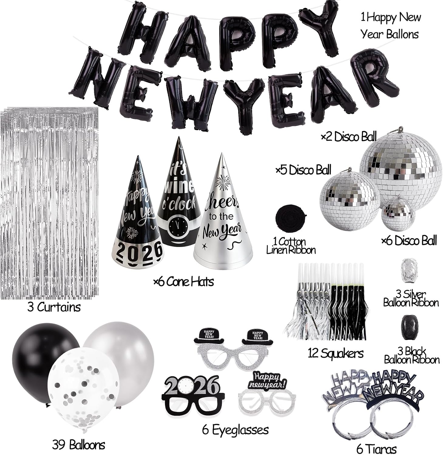 New Years Eve Party Supplies - New Years Decorations 2026 - 98 Pcs Sets With Happy New Year Balloons,Disco Balls