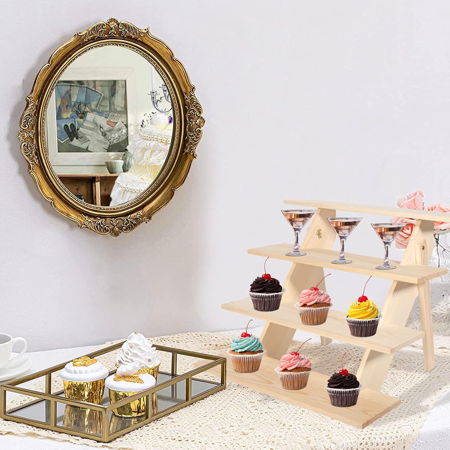 4 Tier Wood Cupcake Display Stand, Retail Cookie Display Riser,Nature | Tool-Free Rustic Tiered Table Stand for
