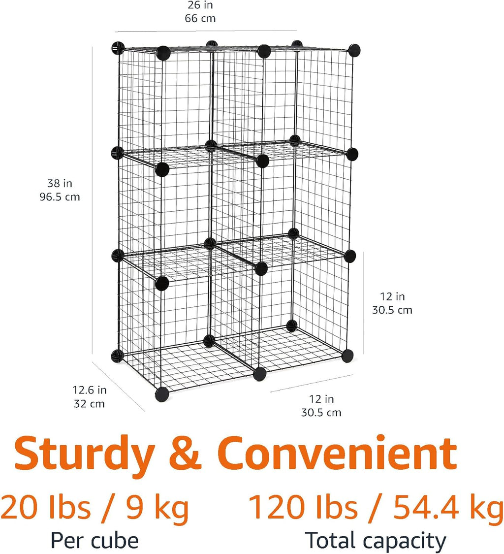 6-Cube Wire Grid Stackable Storage Organizer, Metal Shelving Unit, No-Tool Assembly, 26"W x 38"H x 12.6"D, Black