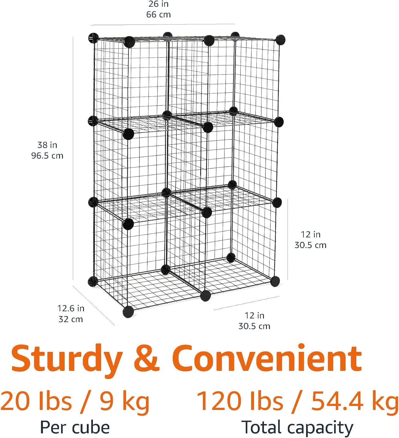 6-Cube Wire Grid Stackable Storage Organizer, Metal Shelving Unit, No-Tool Assembly, 26"W x 38"H x 12.6"D, Black
