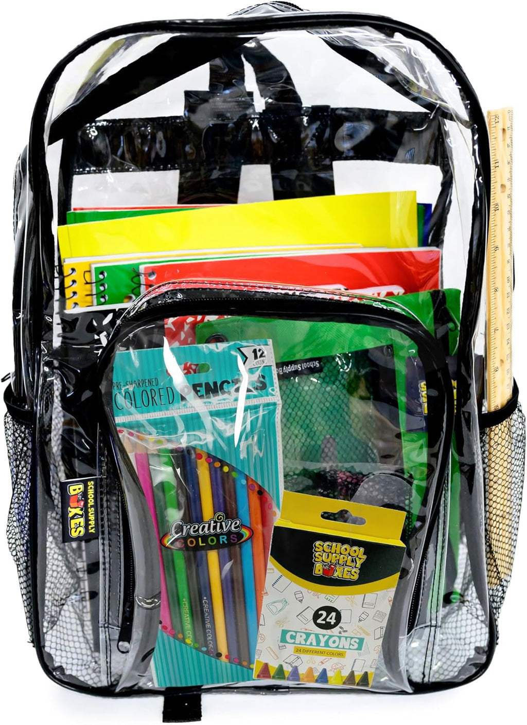 17" Clear Backpack Bundle for Elementary School | Back to School Bookbag with Supplies | Contains Crayons, Colored