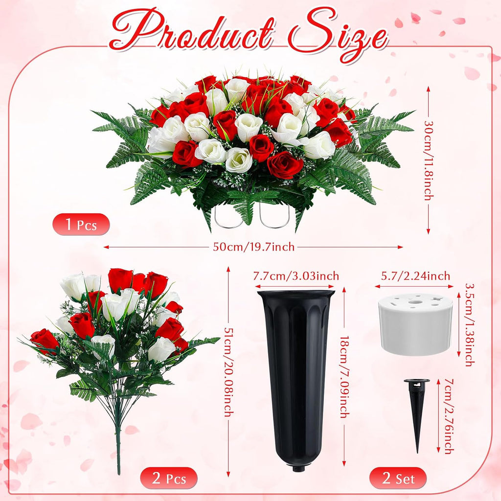 3 Pcs Artificial Cemetery Flower Set Cemetery Flowers Saddle Flowers Rose Bouquets with Vase 1 Saddle and 2 Memorial