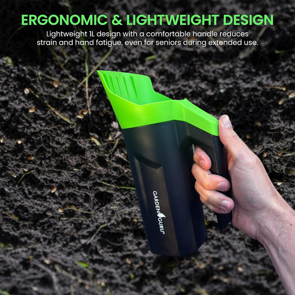 Garden Guru Handheld Seed Spreader Shaker – Multi Use Grass Seed, Fertilizer, Salt, Ice & Snow Melt Spreader –