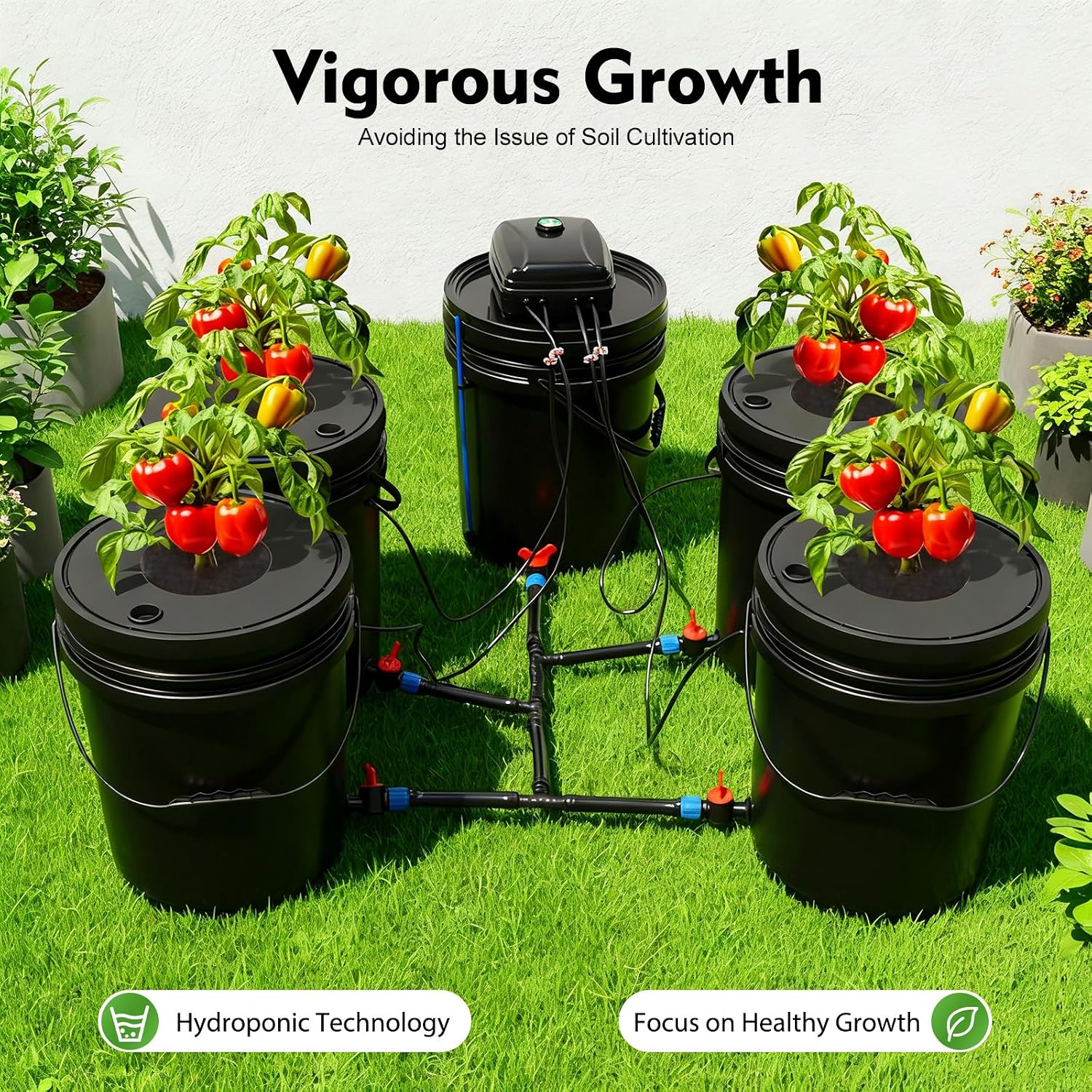 DWC Hydroponic System 5 Gal 5 Buckets - Recirculating Deep Water Culture Kit with12W Air Pump, 4×4L/min Air Stone, 6m