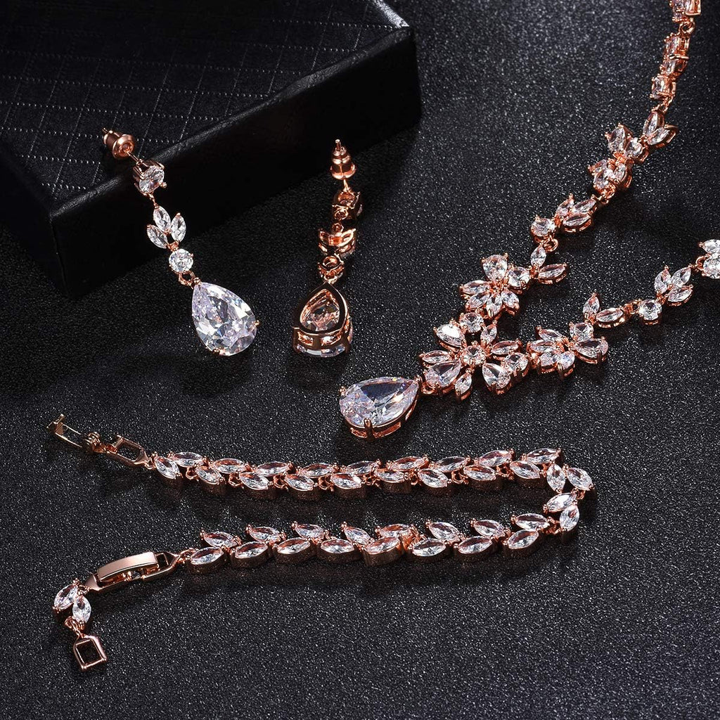 Jewelry Set for Women, Necklace Dangle Earrings Bracelet Set with White AAA Cubic Zirconia, Allergy Free Wedding