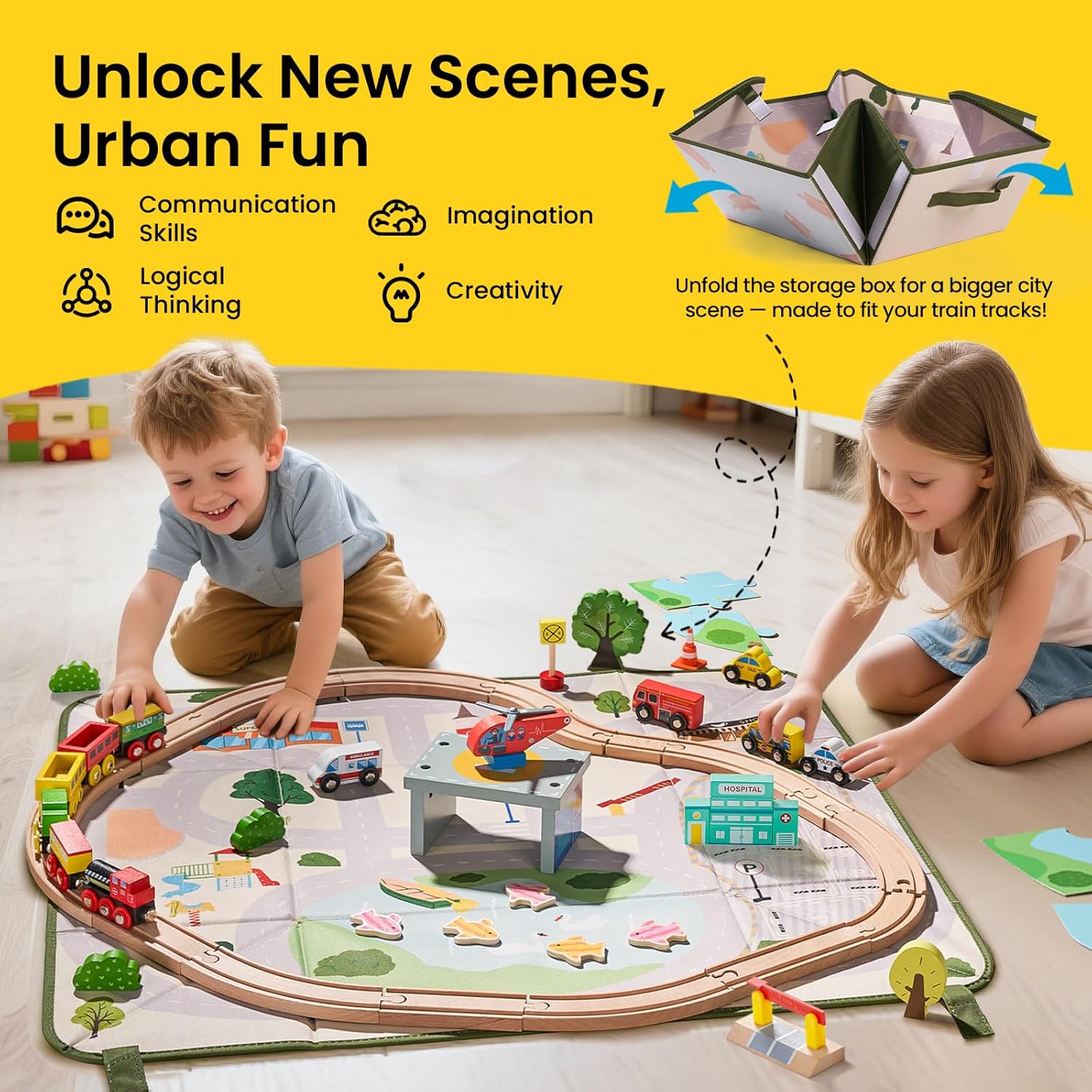 110pcs Wooden Train Set with Folding Storage Box | Wooden Train Track Toy for Boys & Girls, Age 3-7, Includes