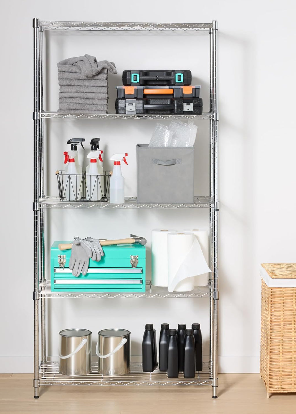 5-Shelf Adjustable Heavy Duty Steel Wire Rack, Space Saving Storage Shelving Organizer for Kitchen, Garage, No-Tool