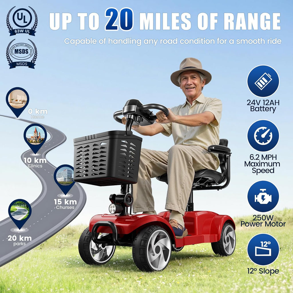 20 Miles 4 Wheel Mobility Scooters for Seniors and Adults, 6.2 MPH, Red