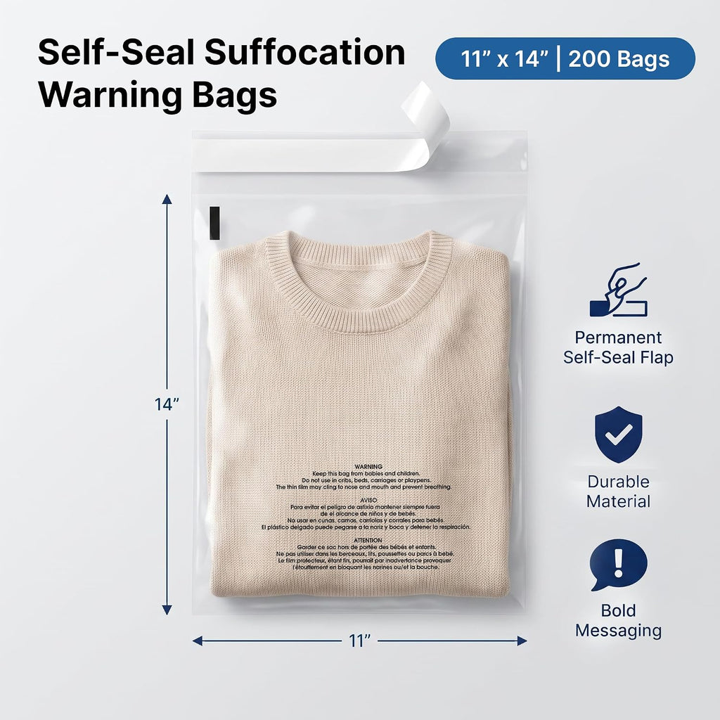 11” X 14” (200 Count) Self Seal Clear Poly Bags with Suffocation Warning
