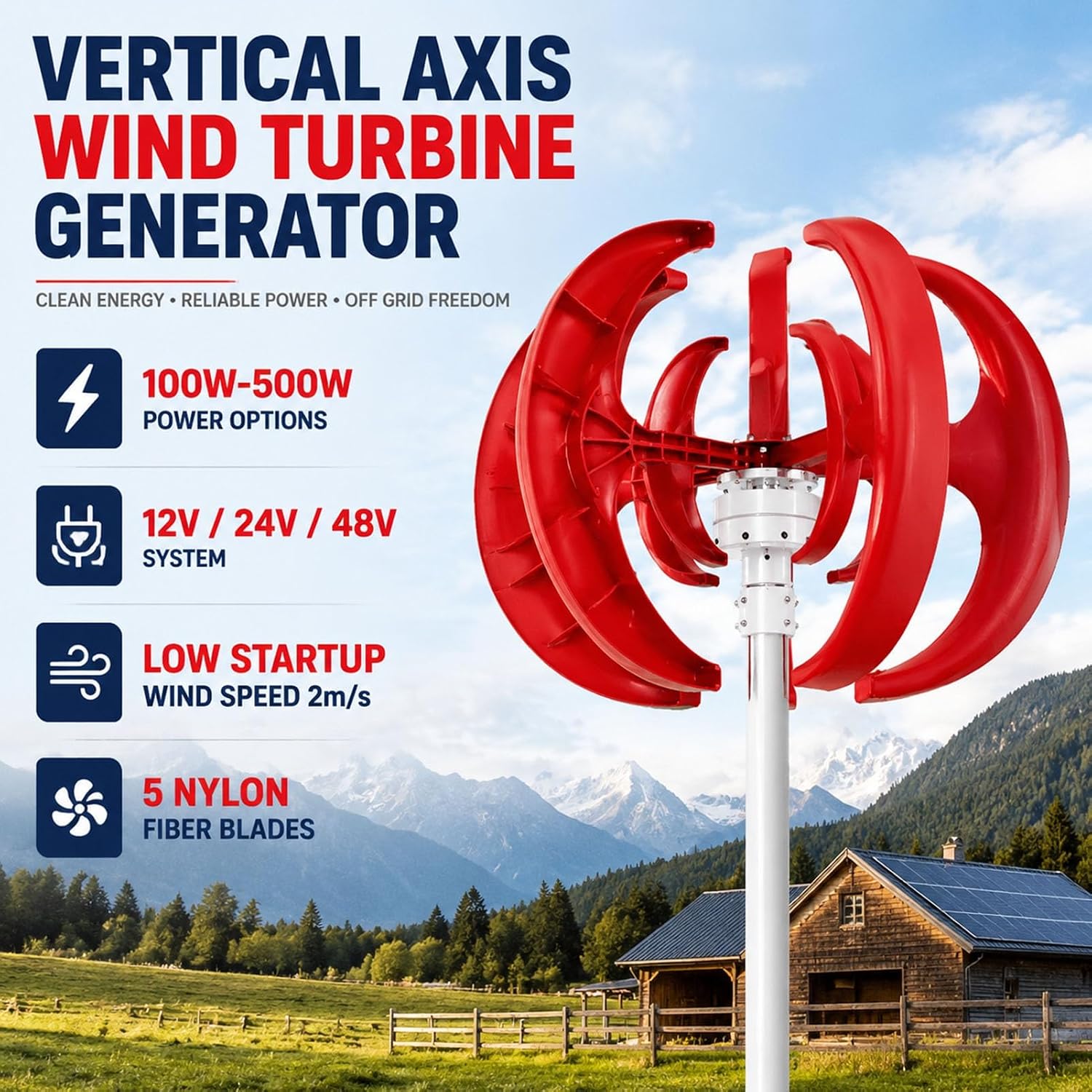 500W Wind Turbine Generator,Low Wind Speed Vertical Design for Home | DN25 Flange Design supports 60mm Tower