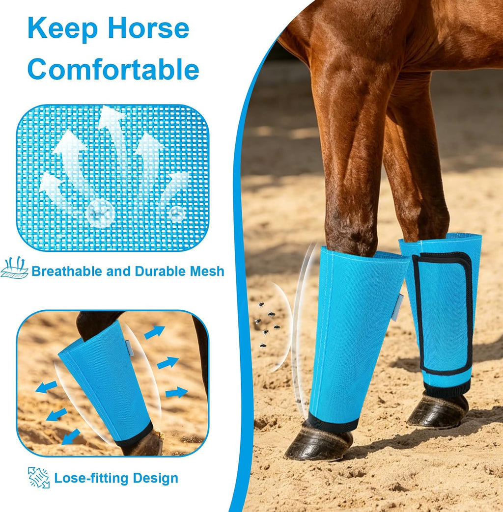 Fly Boots for Horses Set of 4, Equine Loose Fitting Leggings (Sky Blue)