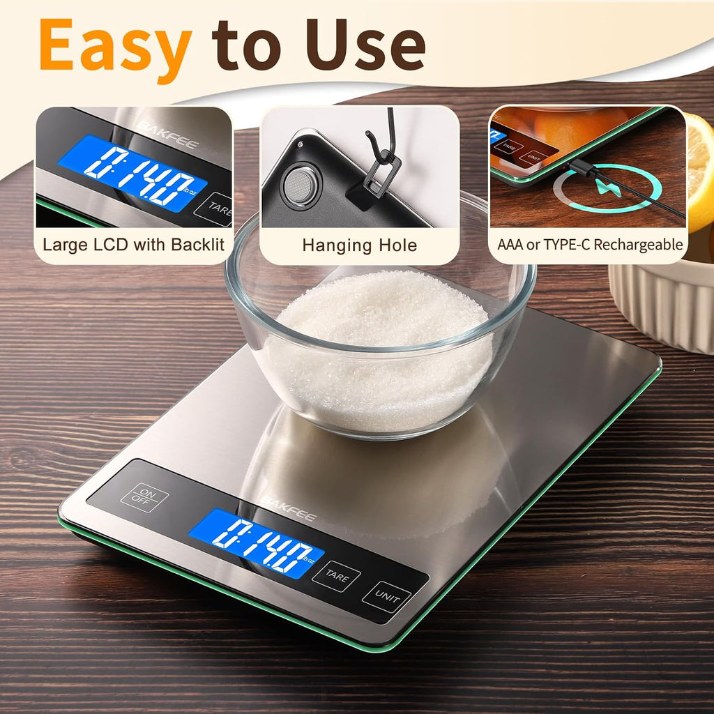Food Scale, 33lb Kitchen Scale with 1g Precision, USB-C Rechargeable