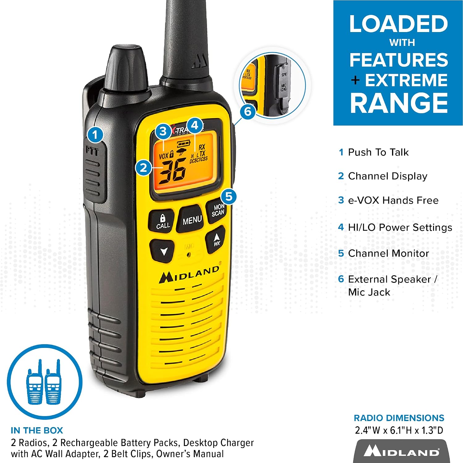 LXT630VP3 FRS License Free Walkie Talkies. Yellow, 2 Pack | Up to 30 Mile Range Walkie Talkie, 36 Channels, 121