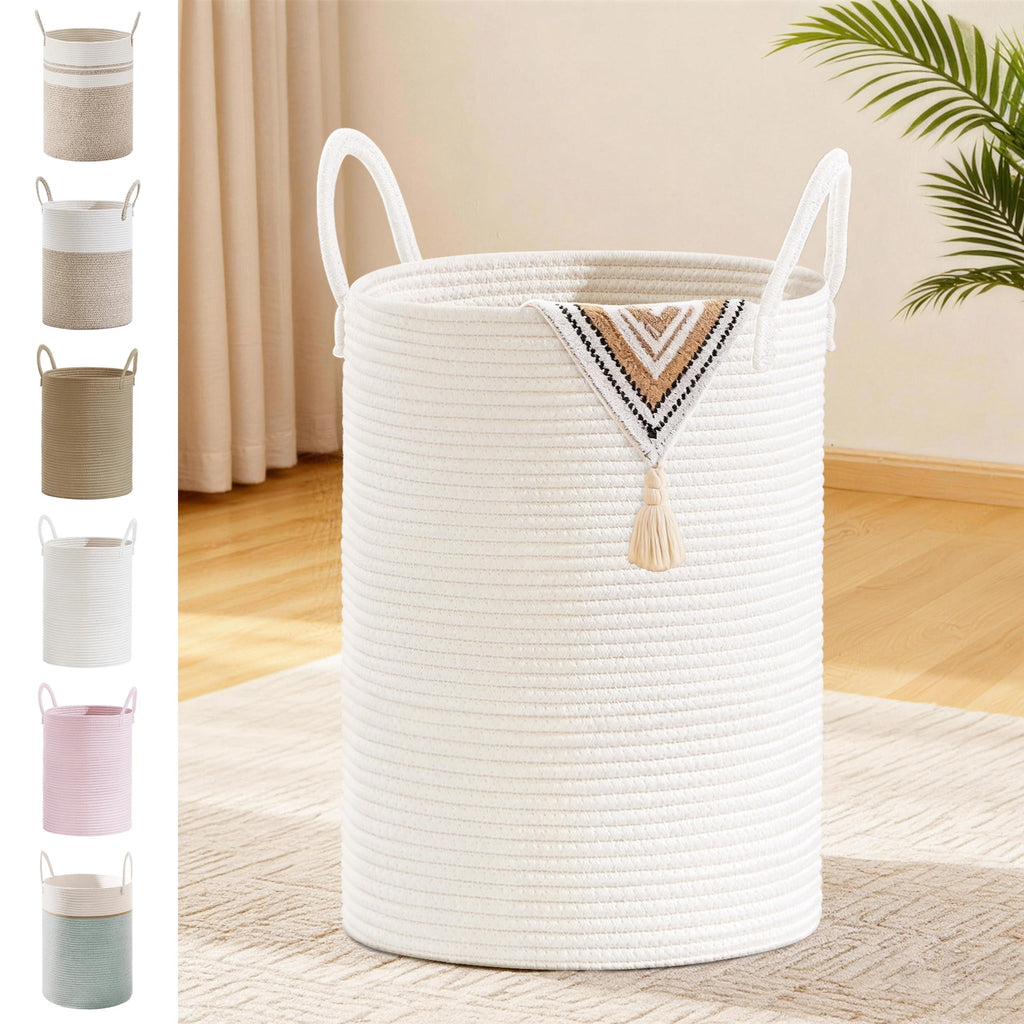 58L Tall Cotton Rope Laundry Basket with Handles, White