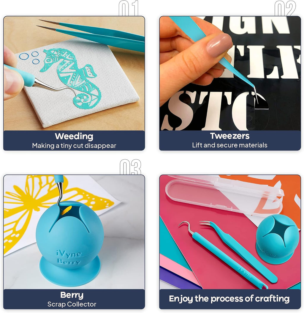 Berry & Silicone Vinyl Weeding Tool Kit: Suction Scrap Collector, Tweezer, Weeder, and Storage Ring for Cricut