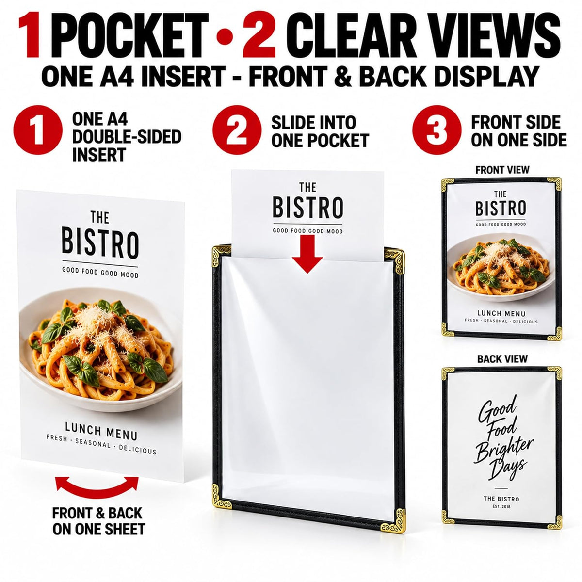 A4 Restaurant Menu Covers, 25 Pack, 8.3 x 11.7 inch, 1 Pocket, 2 Views