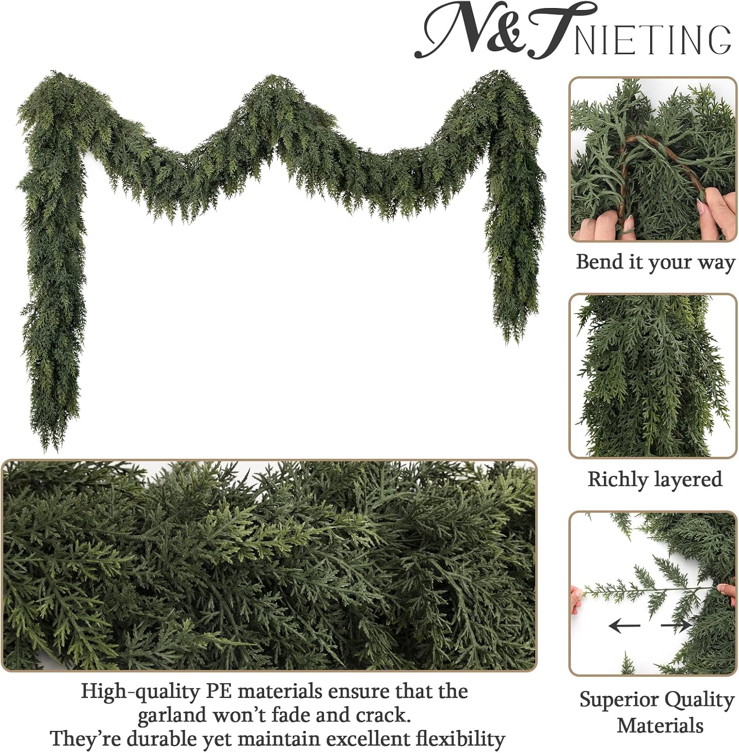 9Ft Christmas Cedar Garland, Real Touch Soft Greenery Christmas Decorations | Realistic Thick Full Lush Artificial