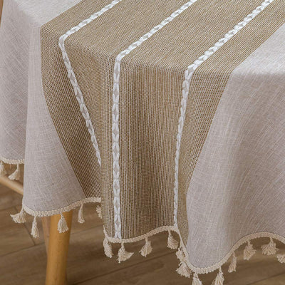Farmhouse Tablecloth Heavy Weight Stitching Tassel Cotton Linen Dust-Proof Table Cloth for Kitchen Dinning Tabletop