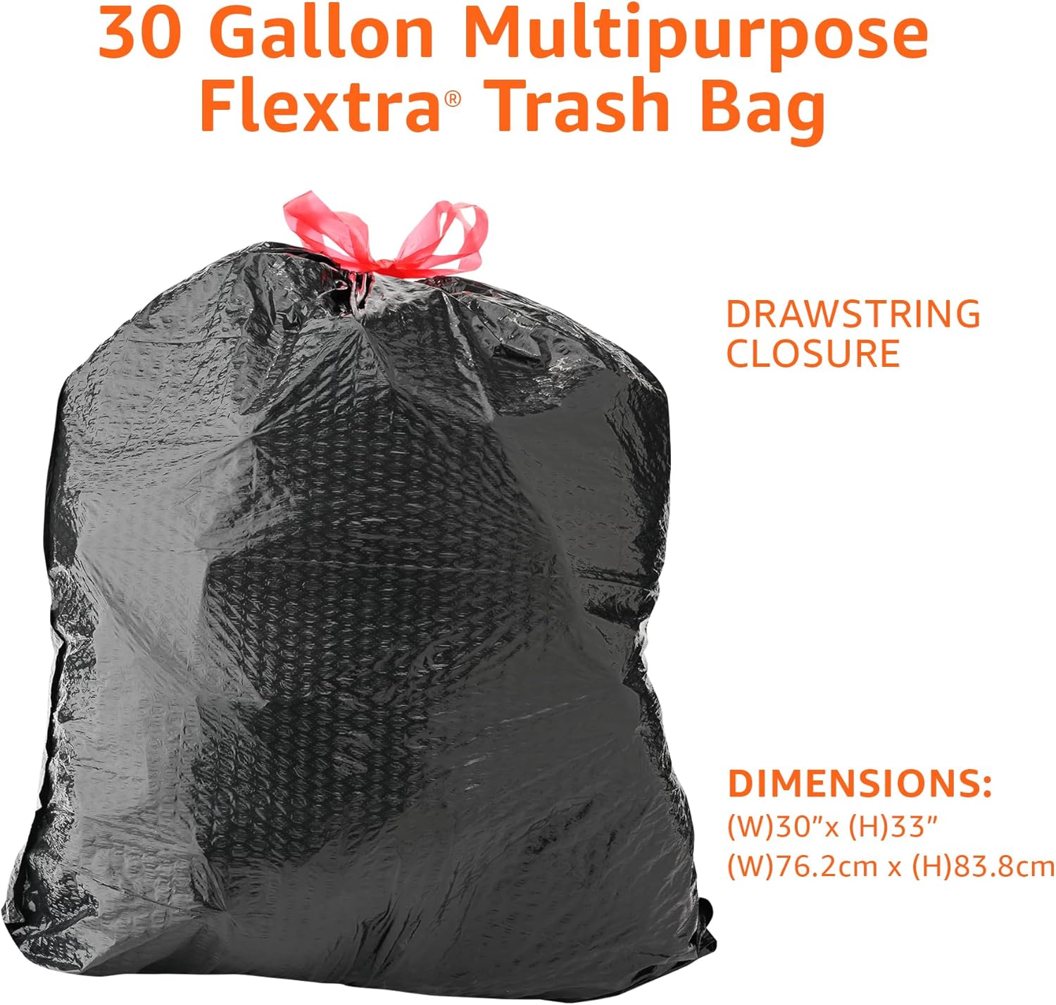 Flextra Multipurpose Drawstring Trash Bags, 30 Gallon, 50 Count, Tear Resistant