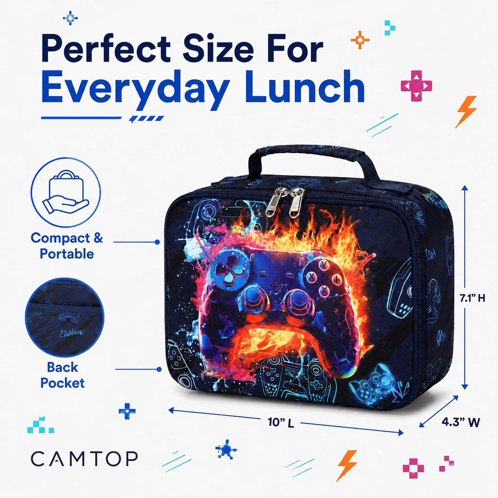 Lunch Box Kids Boys Insulated Lunch Cooler Bag Reusable Lunch Tote Kit for School Travel，Black