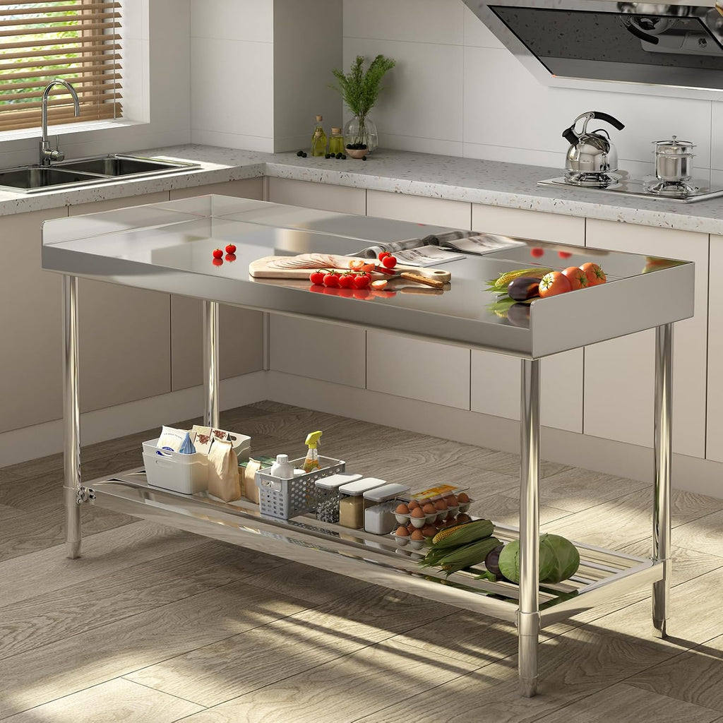 Heavy Duty Stainless Steel Office Work Table with Three-Sided Backsplash – Adjustable Undershelf, Commercial Prep
