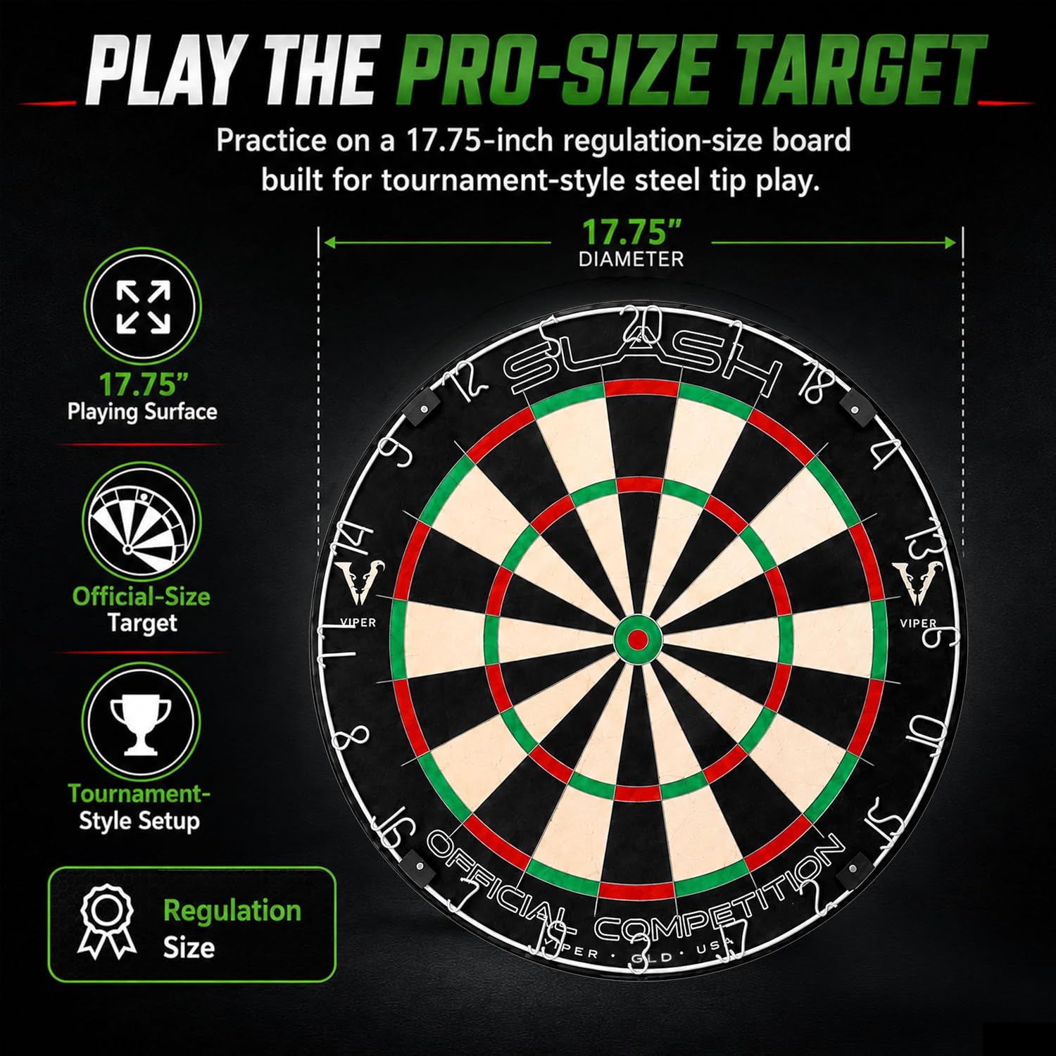 Viper Slash Regulation Professional Bristle Sisal Steel Tip Dartboard | WDF Accredited, 17.75 Inch Face, Self-Healing