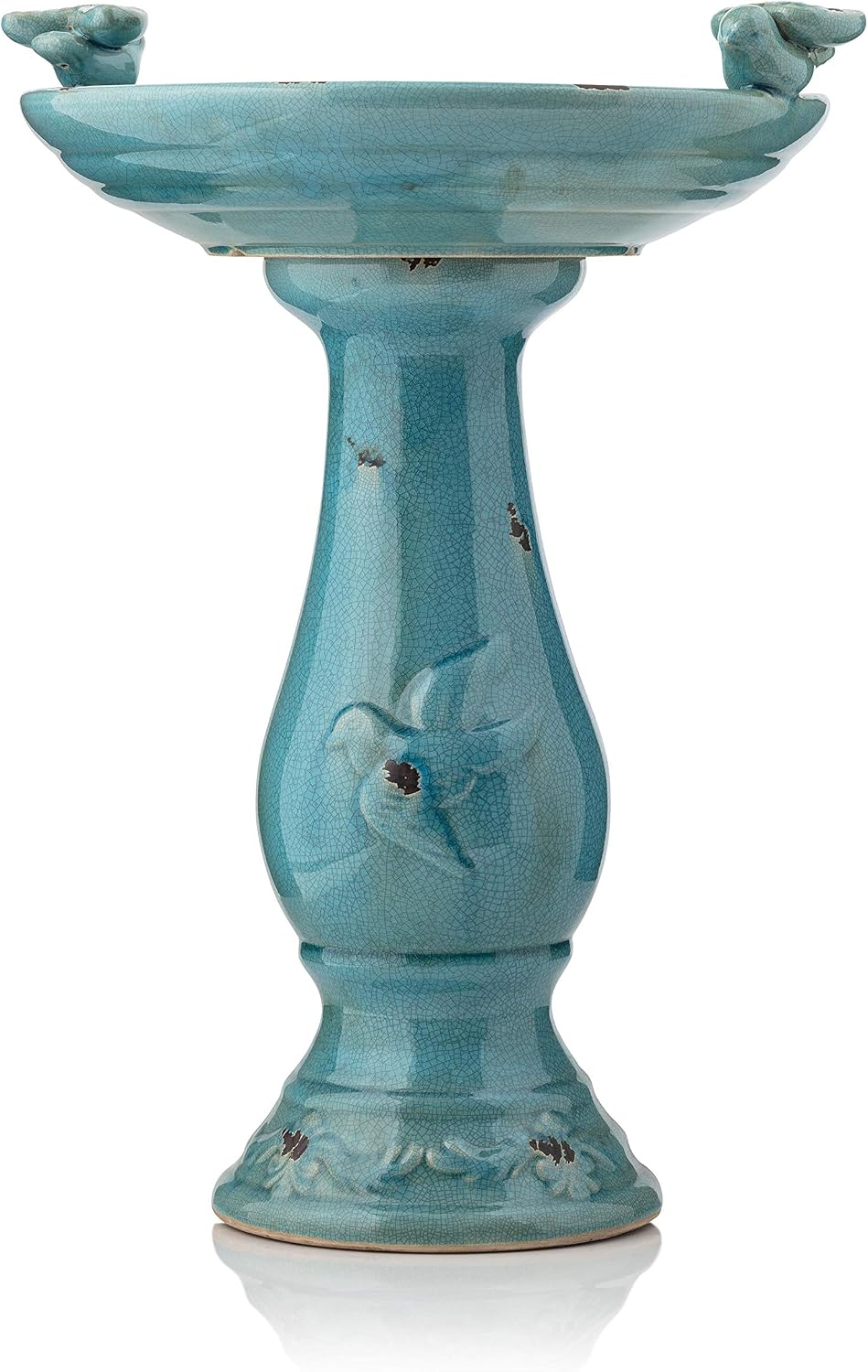 25" Tall Outdoor Ceramic Antique Pedestal Birdbath with 2 Bird Figurines, Turquoise